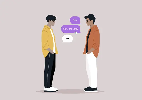 画像は テキストバブルを介して挨拶を交換する2人の友人の現代的な相互作用をキャプチャし 対面の出会いとのデジタルコミュニケーションのブレンドを示しています ロイヤリティフリーのストックイラスト