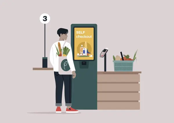 Seorang Pelanggan Biasanya Berinteraksi Dengan Sebuah Terminal Layanan Mandiri Yang Stok Ilustrasi 