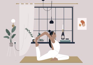 Serene Morning Yoga Flow, genç bir karakter şafak vakti sakin ve şık bir iç mekanda Kral Güvercin pozu veriyor.