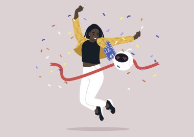 Gülümseyen elektronik bir arkadaşla Bitiş çizgisini geçen neşeli kız yanında bir robotla kırmızı bir kurdelenin üzerinden atlıyor konfeti yağmurunun ortasında.