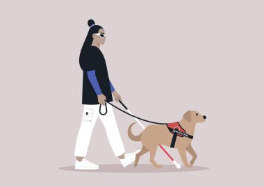 Görme engelli bir genç, beyaz bir baston ve yanında rehber köpeği ile güvenle yürür.