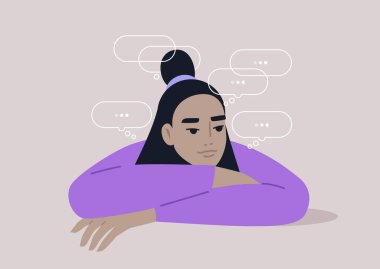 Düşünce Anı, Sessizliğin Ortasında Kaybolan Bir Karakter, Derin düşüncelere dalmış, Düşünce kabarcıklarıyla çevrili sessiz bir ortam