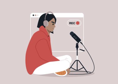 Gelişimsel Ev Podcast Kaydı, bir birey yeni bir bölüm kaydederken rahat bir şekilde kambur kalır, rahatlatıcı ve yaratıcı bir anı yakalar.