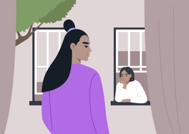 Serene Suburban Encounter, iki komşu kendi pencereleri tarafından çerçevelenmiş sessiz bir değiş tokuş yaparken sakin bir an.