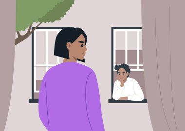 Serene Suburban Encounter, iki komşu kendi pencereleri tarafından çerçevelenmiş sessiz bir değiş tokuş yaparken sakin bir an.