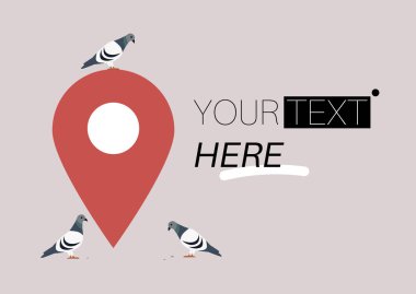 Kentsel Posta, Güvercinler Sembolik Harita Pin 'in etrafında toplanıyor, kuşlar kırmızı bir buluşma noktasında toplanıyor.