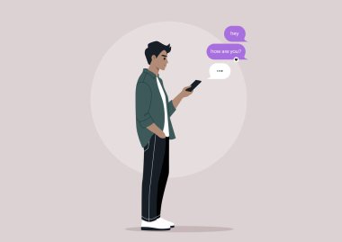 Günlük Dijital Sohbet, Telefonlarında Mesaj Yazan Bir Karakter, Akıllı telefonlarındaki bir mesajlaşma konuşmasına takılıp kalmış bir milenyum.