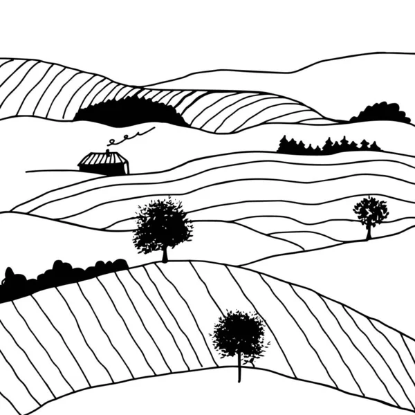 黒と白の手の田舎の風景を描いた グラフィックベクトルイラスト Italian Scape — ストックベクタ