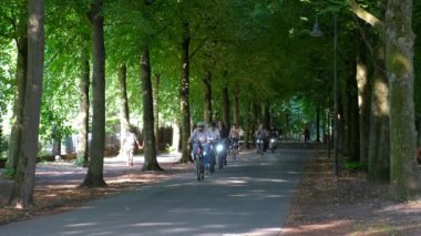 Almanya, Munster, 2022 yılı. Şehir merkezindeki gölgeli ağaçların arasında bir sürü bisikletçi geziniyor..