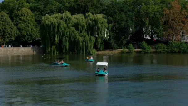 Munster Circa 2022 Aasee湖位于市中心 人们在休息日放松漂浮在水面上的金丝雀 — 图库视频影像