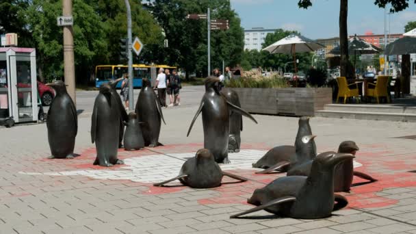 Deutschland Chemnitz 2022 Denkmal Für Die Pinguine Chemnitz Metallpinguine Auf — Stockvideo