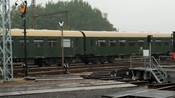 Yağmurda Terk Edilmiş Bir Alman Treninin Eski Yolcu Vagonları — Stok video