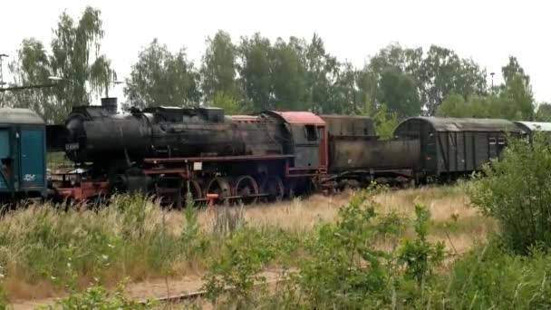 Eine Alte Rostige Schwarze Dampflokomotive Mit Dampfantrieb Und Autos Auf — Stockvideo