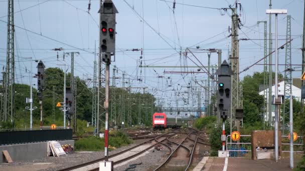 Två Samtidigt Ankommande Passagerarpendeltåg Till Dortumnd Station Tyskland — Stockvideo