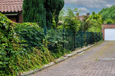 Yeşil metal çit, yeşillik Almanya 'da beyaz garaj kapısına açılıyor..