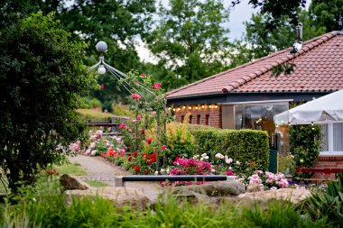 Almanya 'da bir sürü ağaçla dolu yemyeşil parkın yanındaki çiçeklerle dolu bahçe..
