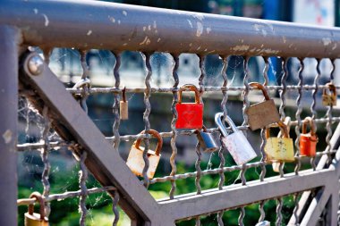 Günışığında aşıkların köprüsündeki metal çitlere birkaç farklı kilit takılmış..