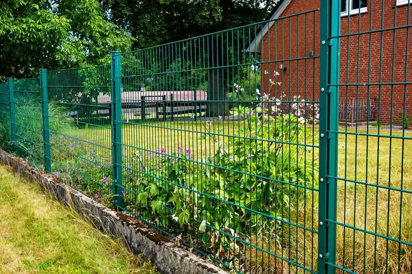 在德国 篱笆后面的花园 篱笆中央长着鲜花 — 图库照片
