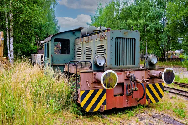 Stary Pociąg Siedzący Środku Pola Obok Lasu — Zdjęcie stockowe