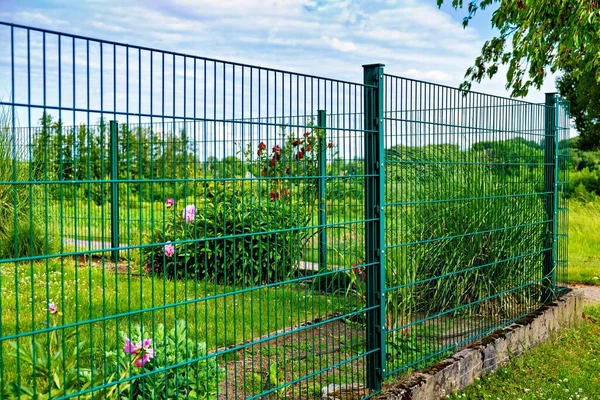 德国的绿色金属栅栏 篱笆中央长着鲜花 背景为蓝天 图库图片