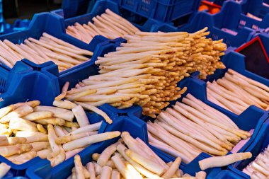 Mavi kutuların üzerinde duran beyaz kuşkonmaz yığını..