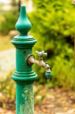 Gümüş musluğu olan yeşil bir yangın musluğu.