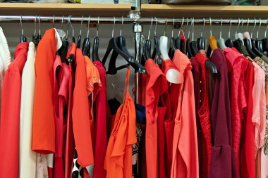 Bu resim çeşitli gömlek ve bluzlarla dolu bir elbise askısını gösteriyor.