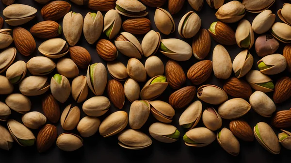 pistachio nuts on a black stone background.
