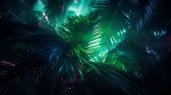 palm tree leaves in neon light