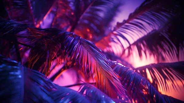 neon tropical palm leaves on the dark background.