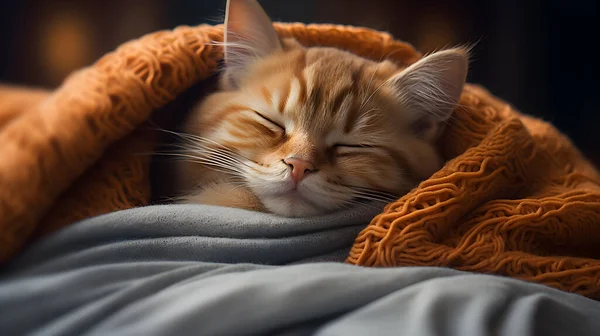 cute little cat sleeping on bed at home