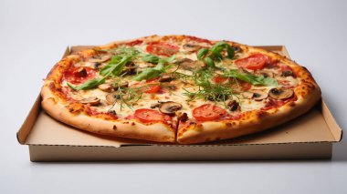 Domatesli pizza, mozzarella ve fesleğen.