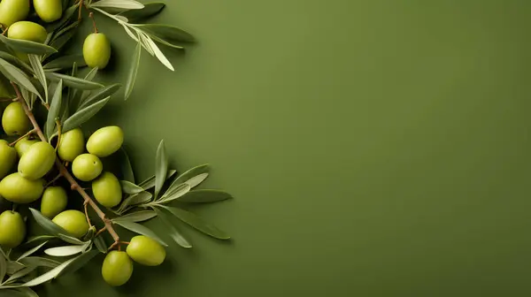 olive branch with green olives on color background