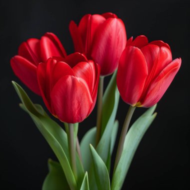 beautiful red tulips on a black background.