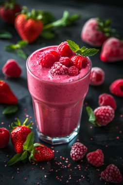 Koyu bir masada cam içinde taze meyve püresi..