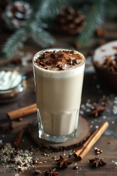 glass of milkshake with chocolate and cinnamon on dark table