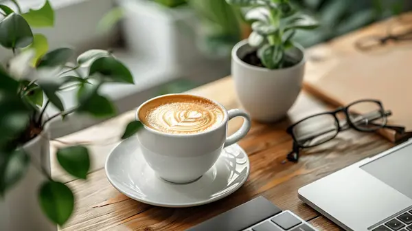 laptop with cup of coffee and plant on table