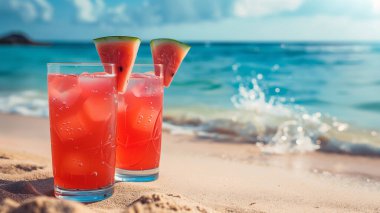 Tropik bir sahilde taze karpuz kokteyli.