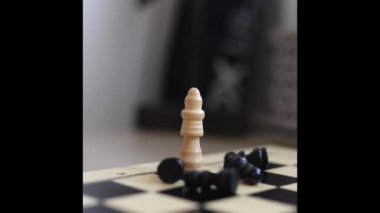 Satranç tahtası, beyaz ve siyah tahta satranç figürlerinin kombinasyonu. Üst Manzara. Yüksek kalite 4K görüntü. Yüksek kaliteli FullHD görüntüler