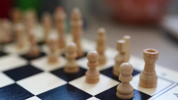 Chessboard Combination White Black Wooden Chess Figures Top View High — Vídeos de Stock
