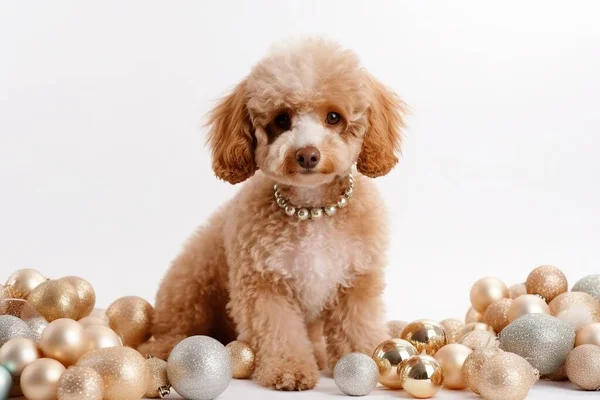 Roztomilý Legrační Pes Dárkem Pokoji Zdobené Vánoce — Stock fotografie