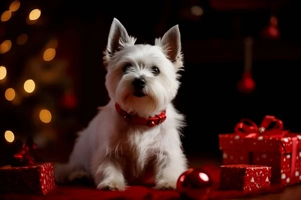 Cute funny dog with gift in room decorated for Christmas.