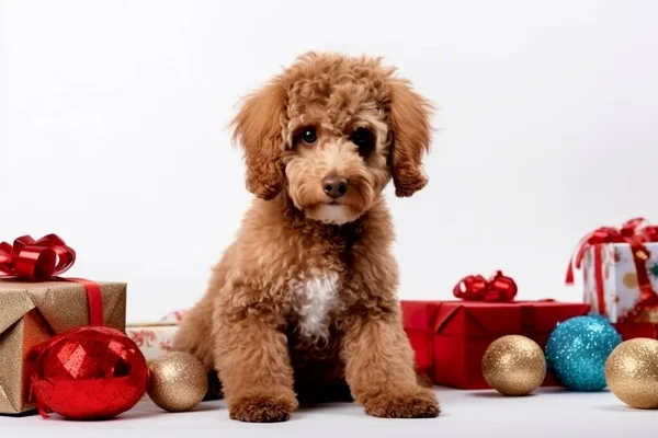 Cane Simpatico Simpatico Con Regalo Camera Decorato Natale — Foto Stock