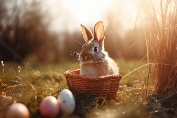 Пасхальний Кролик Великодні Яйця Зеленому Трав Яному Полі Стокова Картинка