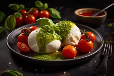 Caprese Salatası. Domates ve Mozzarella fesleğen yapraklı dilimler..