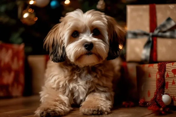 在圣诞装饰的房间里放一只带着礼物的有趣的小狗 — 图库照片