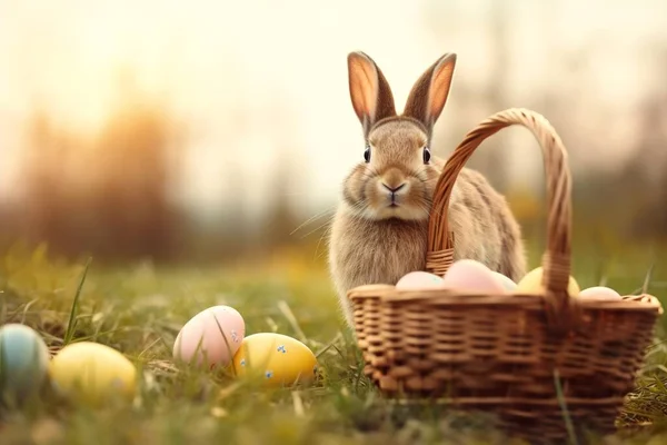 Пасхальний Кролик Великодні Яйця Зеленому Трав Яному Полі Ліцензійні Стокові Фото
