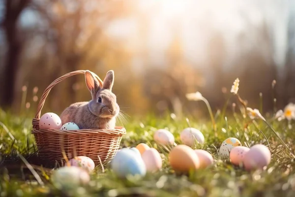 Пасхальний Кролик Великодні Яйця Зеленому Трав Яному Полі Стокове Зображення