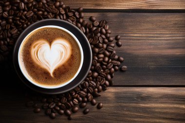 Cup of coffee latte with heart shape and coffee beans on old wooden background. High quality photo clipart