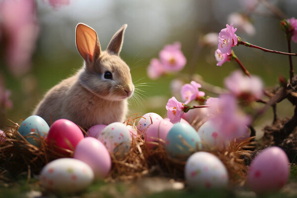 Easter bunny and Easter eggs on green grass . High quality photo